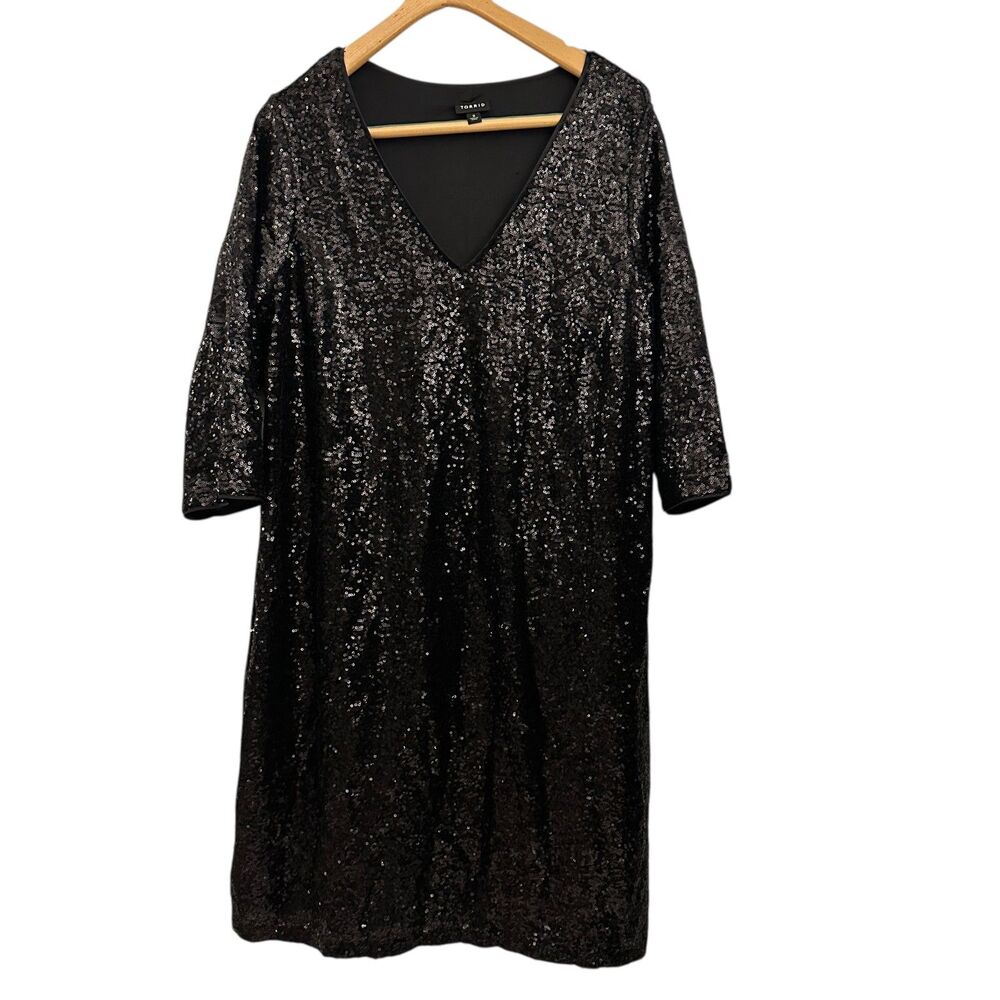 Torrid Black Sequin V-Neck 3/4 Sleeve Midi Shift Dress Fancy Party 2 (18/20)